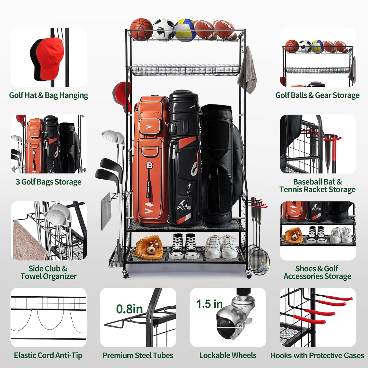 Golf Equipment Garage Organizer - Rak Penyimpanan Tas Golf untuk Garasi