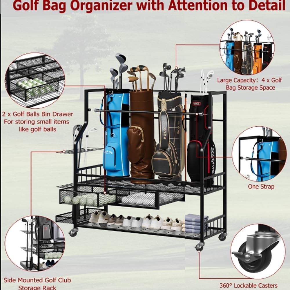 Golf Equipment Garage Organizer - Rak Penyimpanan Tas Golf dengan Laci,